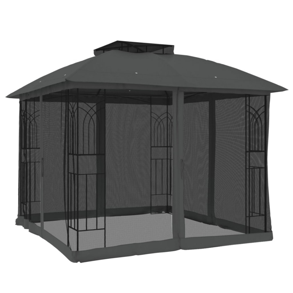 Cenador doble techo y paredes malla acero antracita 2,94x2,94