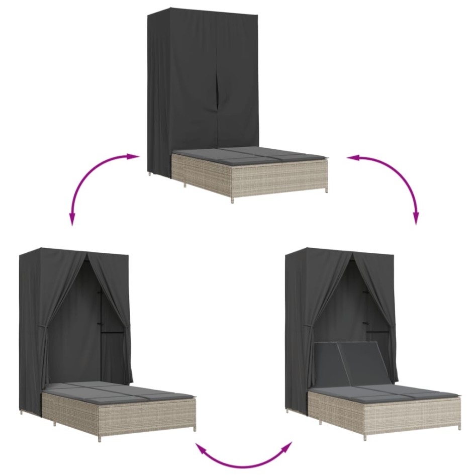 Tumbona doble con techo y cortinas ratán sintético gris
