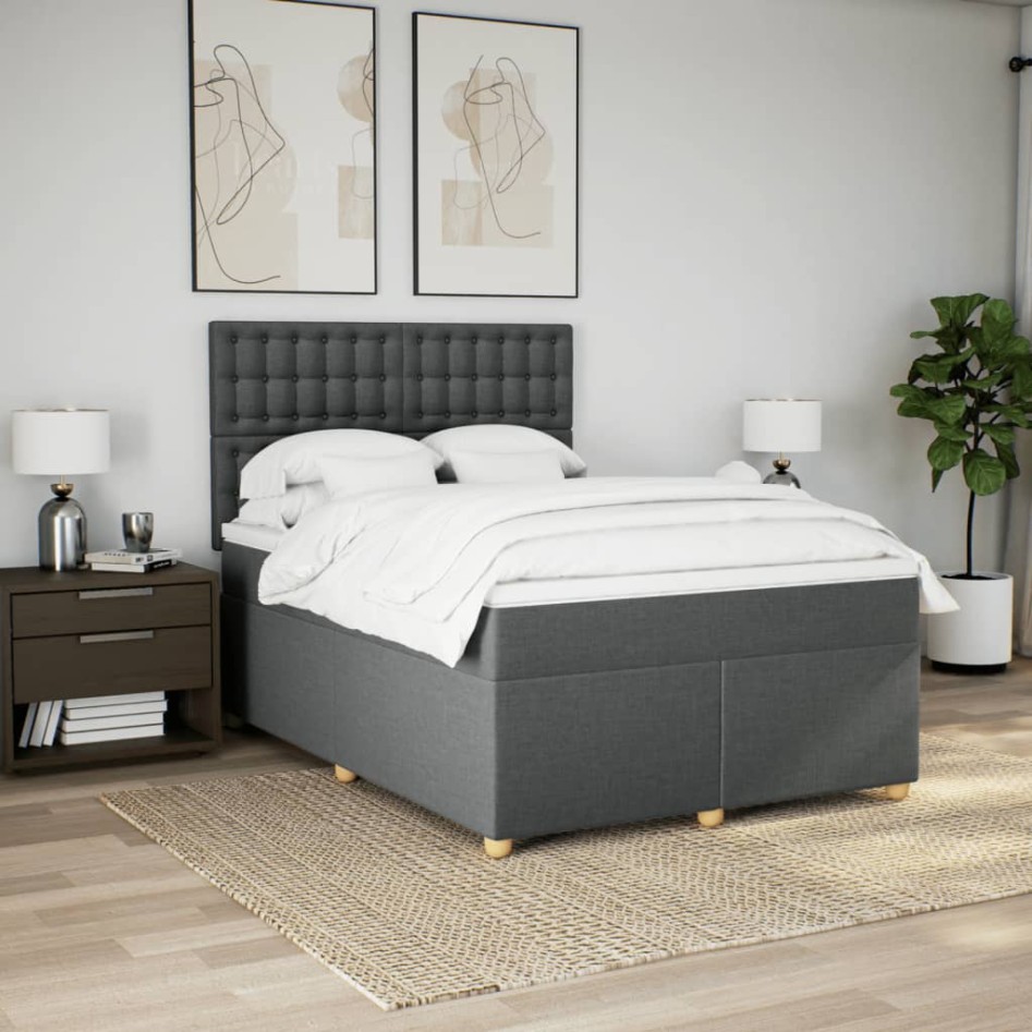 Cama box spring con colchón tela gris oscuro 140x200