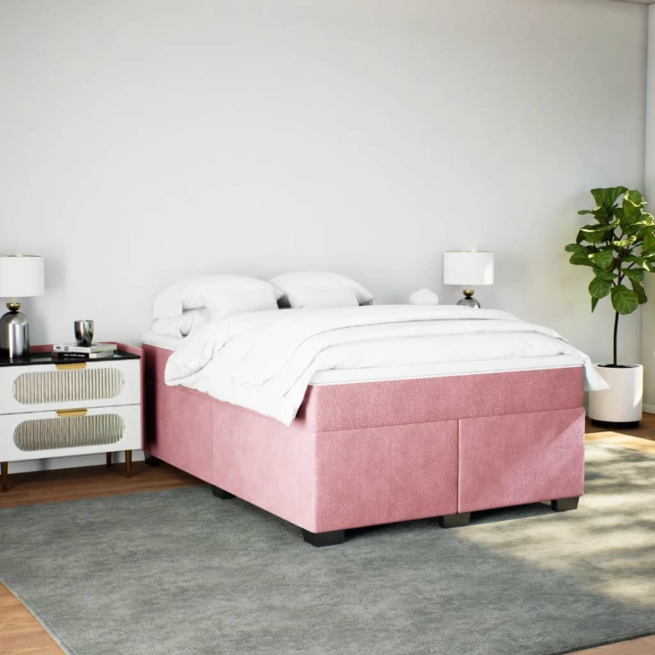 Cama box spring con colchón terciopelo rosa 160x200