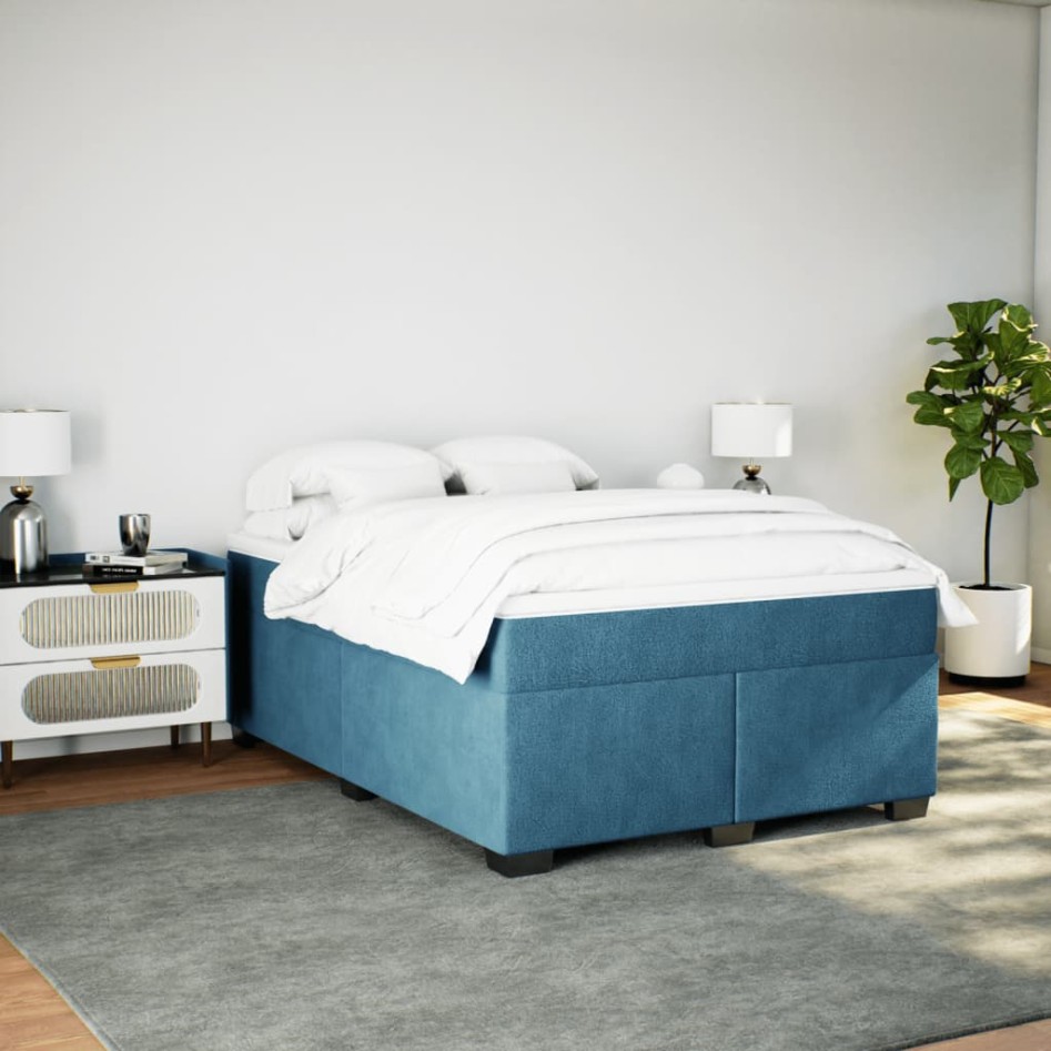 Cama box spring con colchón terciopelo azul oscuro 140x190