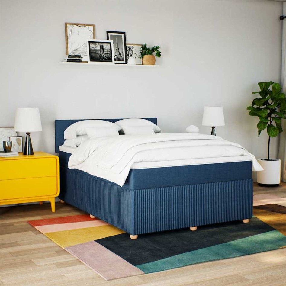 Cama box spring con colchón tela azul 140x190