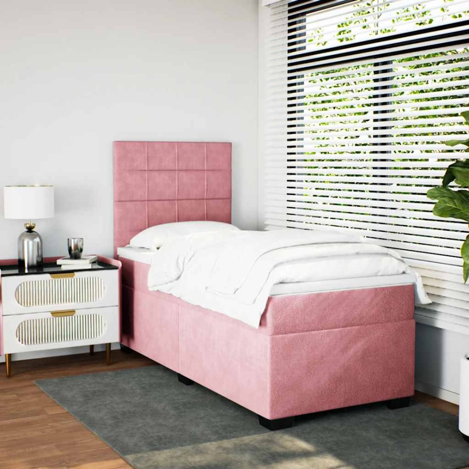 Cama box spring con colchón terciopelo rosa 80x200