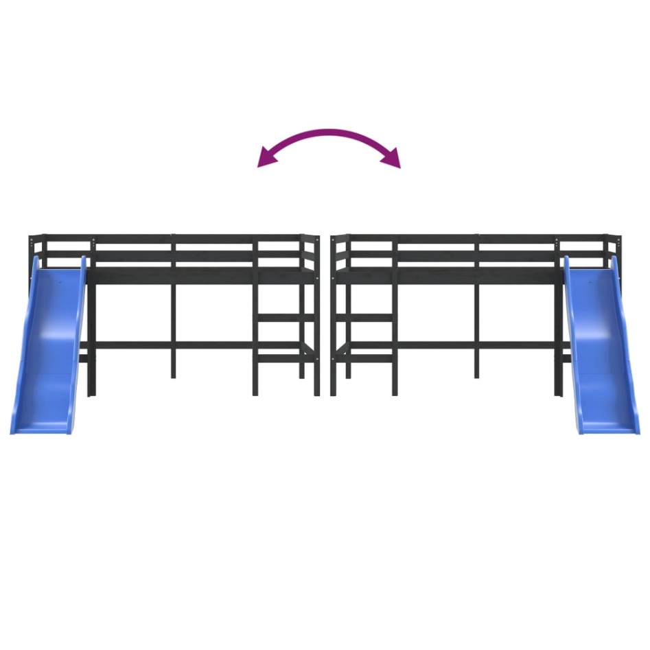 Cama alta de niños con tobogán madera maciza negra 90x200