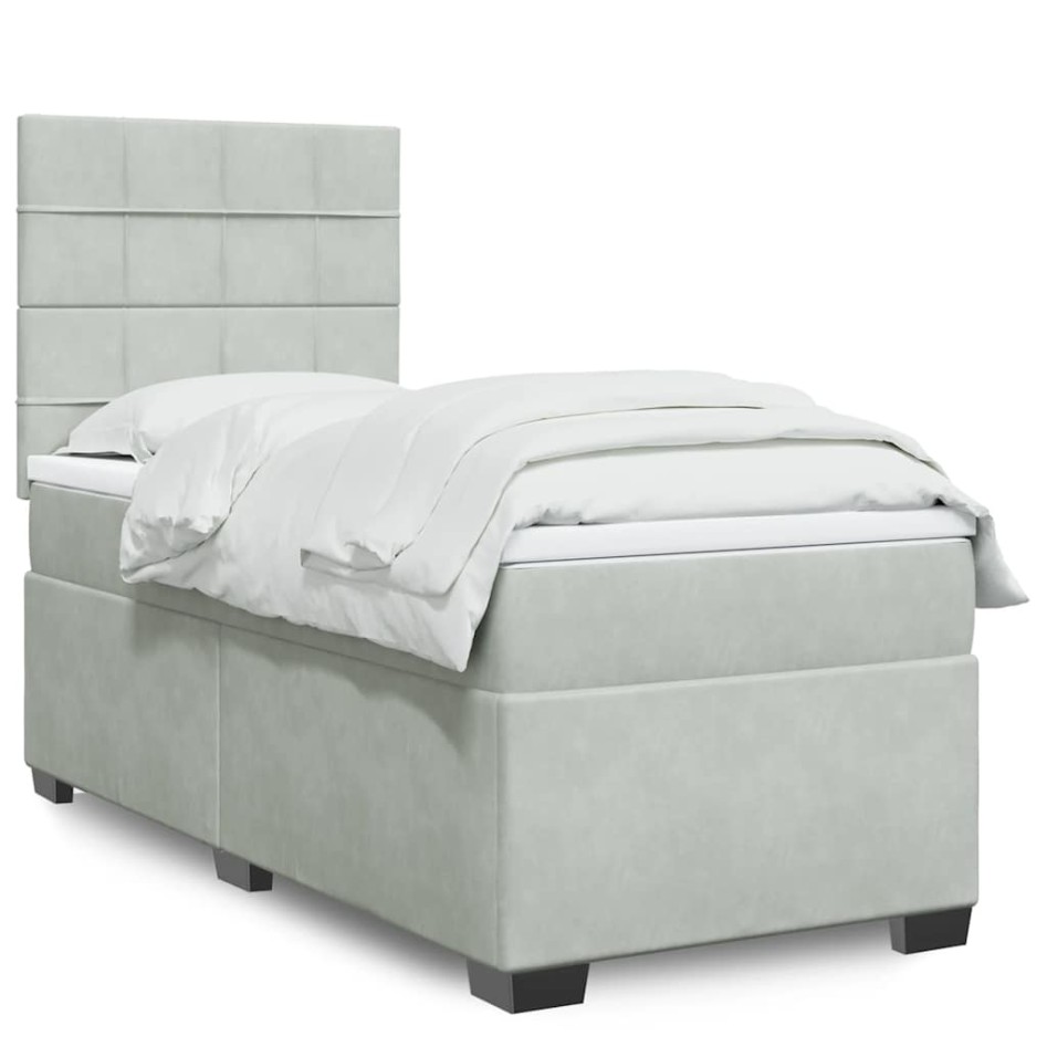 Cama box spring con colchón terciopelo gris claro 90x190
