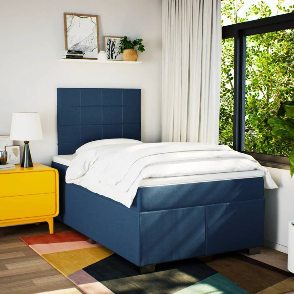 Cama box spring con colchón tela azul 120x190