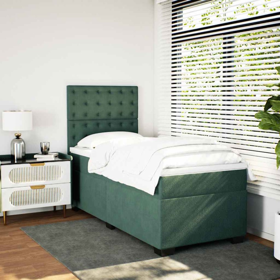 Cama box spring con colchón terciopelo verde oscuro 90x190