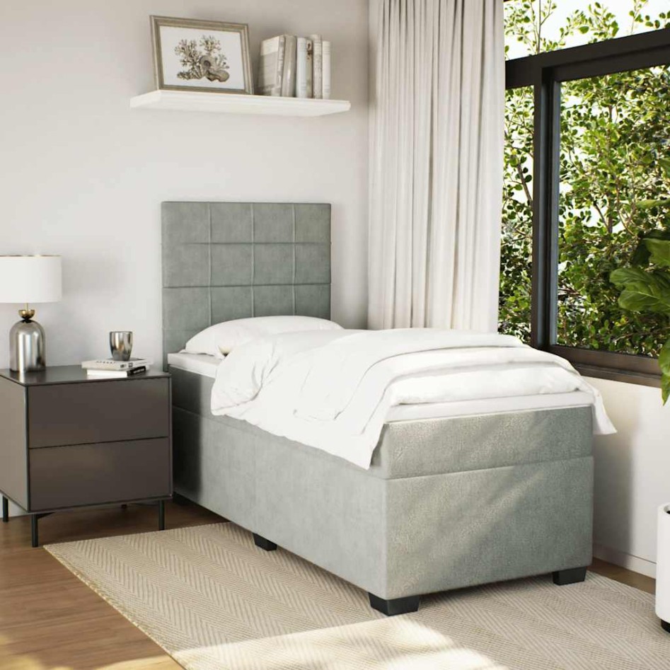 Cama box spring con colchón terciopelo gris claro 100x200