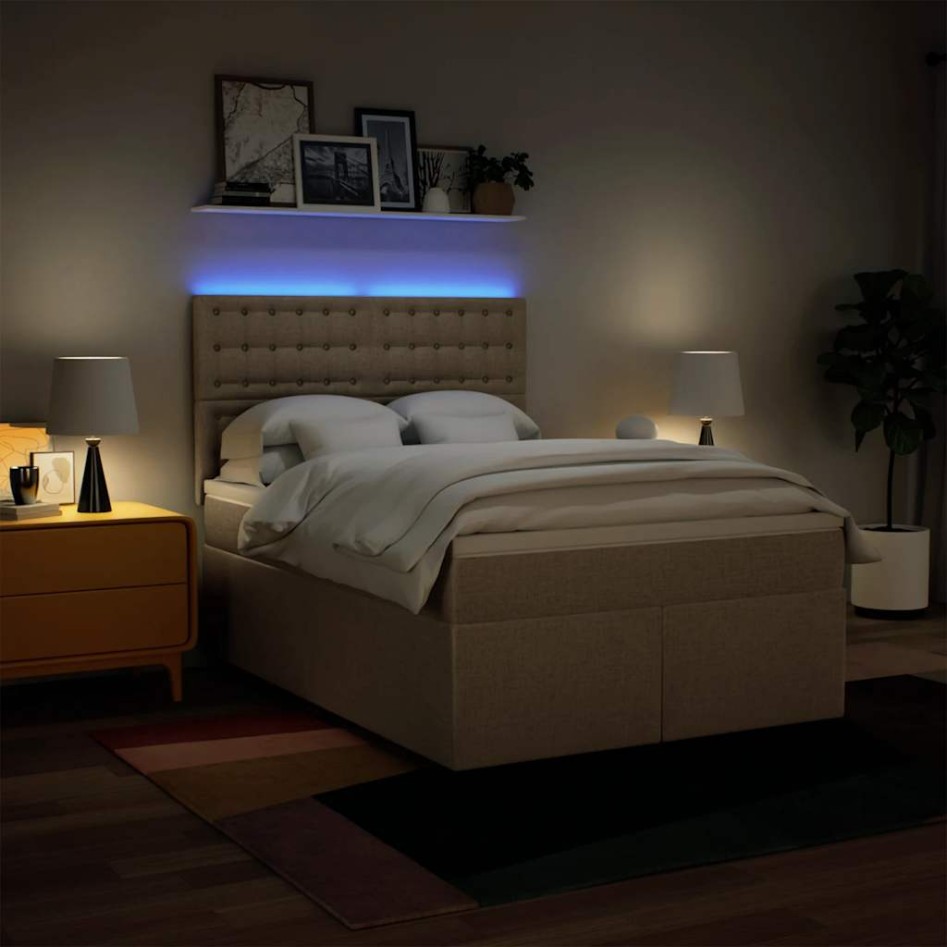 Cama box spring con colchón tela color crema 140x190