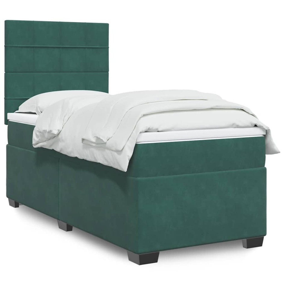 Cama box spring con colchón terciopelo verde oscuro 80x200