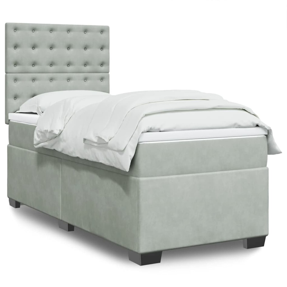 Cama box spring con colchón terciopelo gris claro 90x190