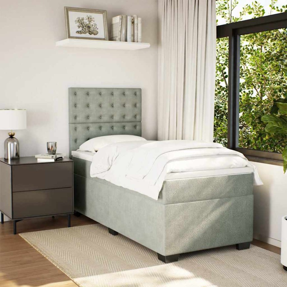 Cama box spring con colchón terciopelo gris claro 90x190