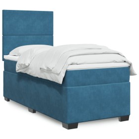 Cama box spring con colchón terciopelo azul 90x200