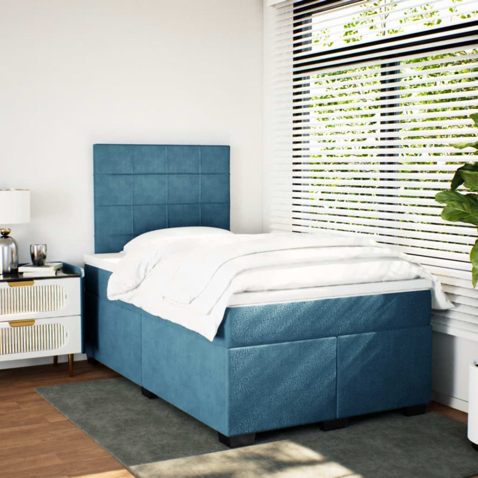 Cama box spring con colchón terciopelo azul 120x190