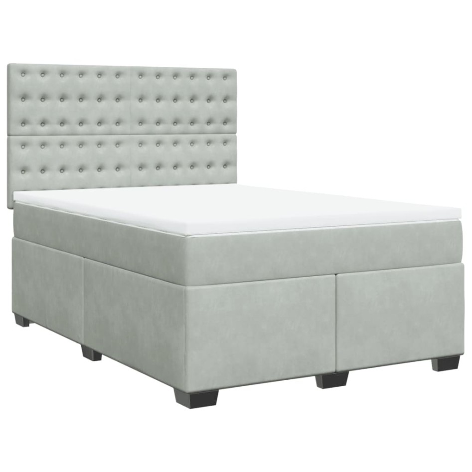 Cama box spring con colchón terciopelo gris claro 140x190