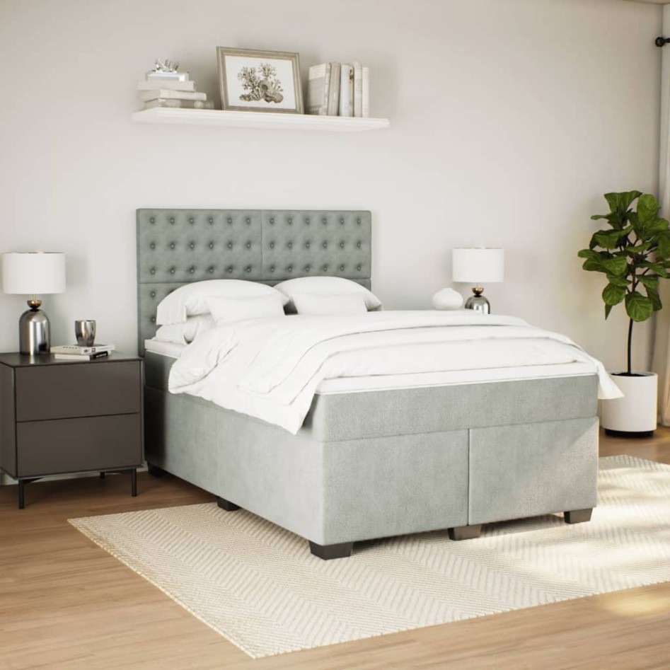 Cama box spring con colchón terciopelo gris claro 140x190