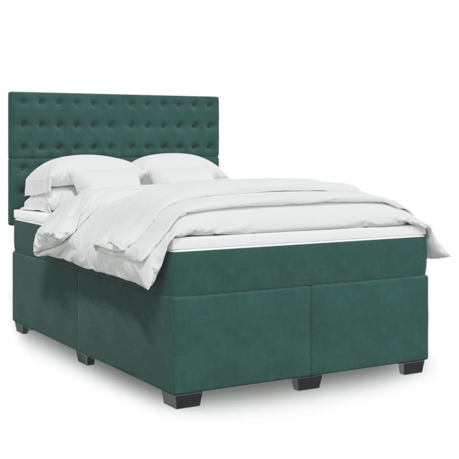 Cama box spring con colchón terciopelo verde oscuro 140x200