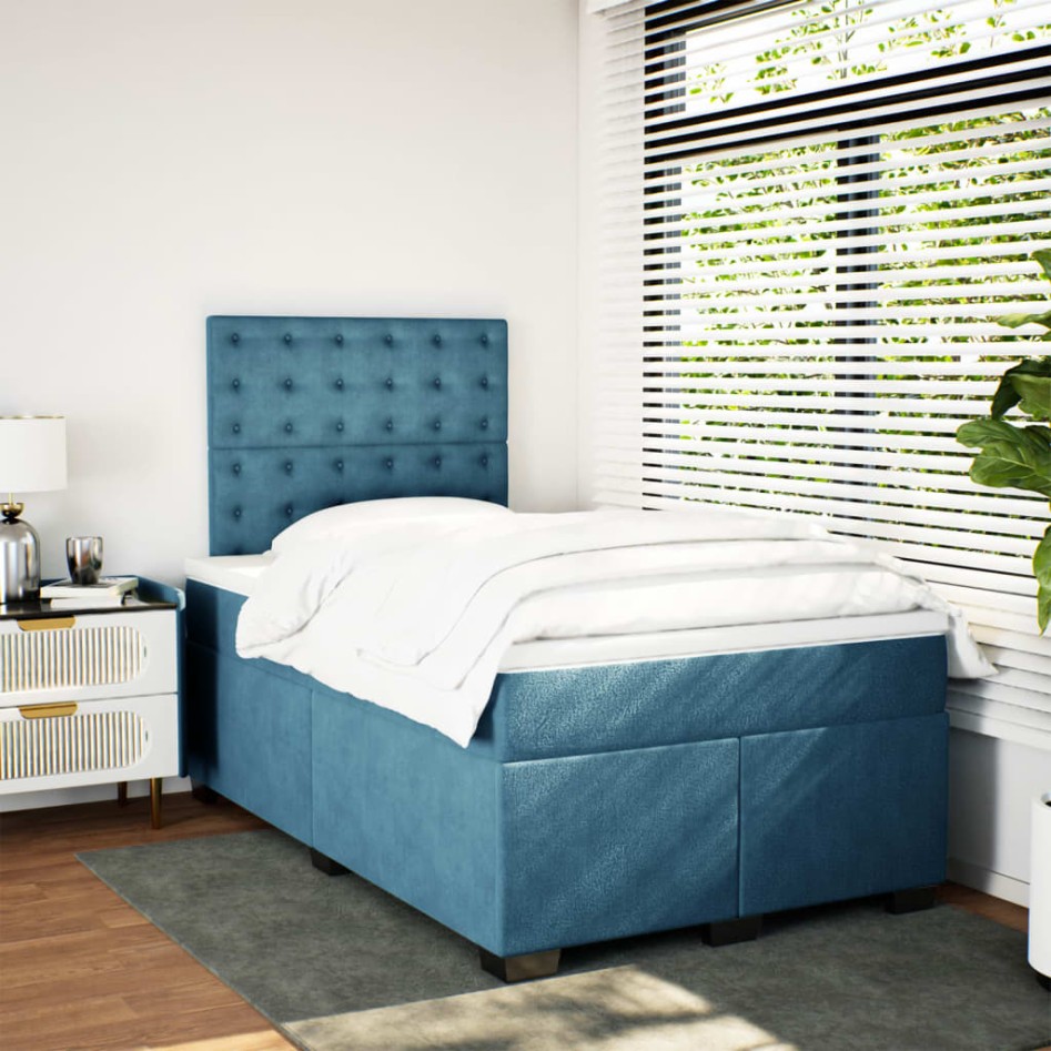 Cama box spring con colchón terciopelo azul 120x190
