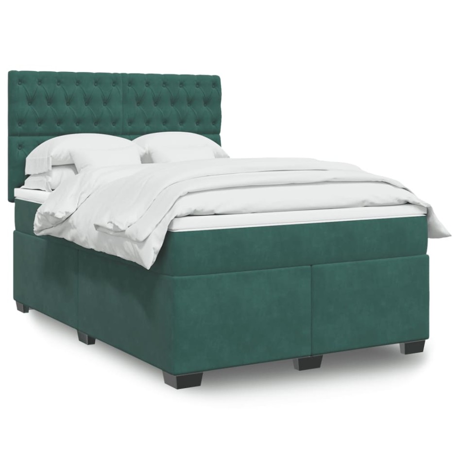 Cama box spring con colchón terciopelo verde oscuro 140x200