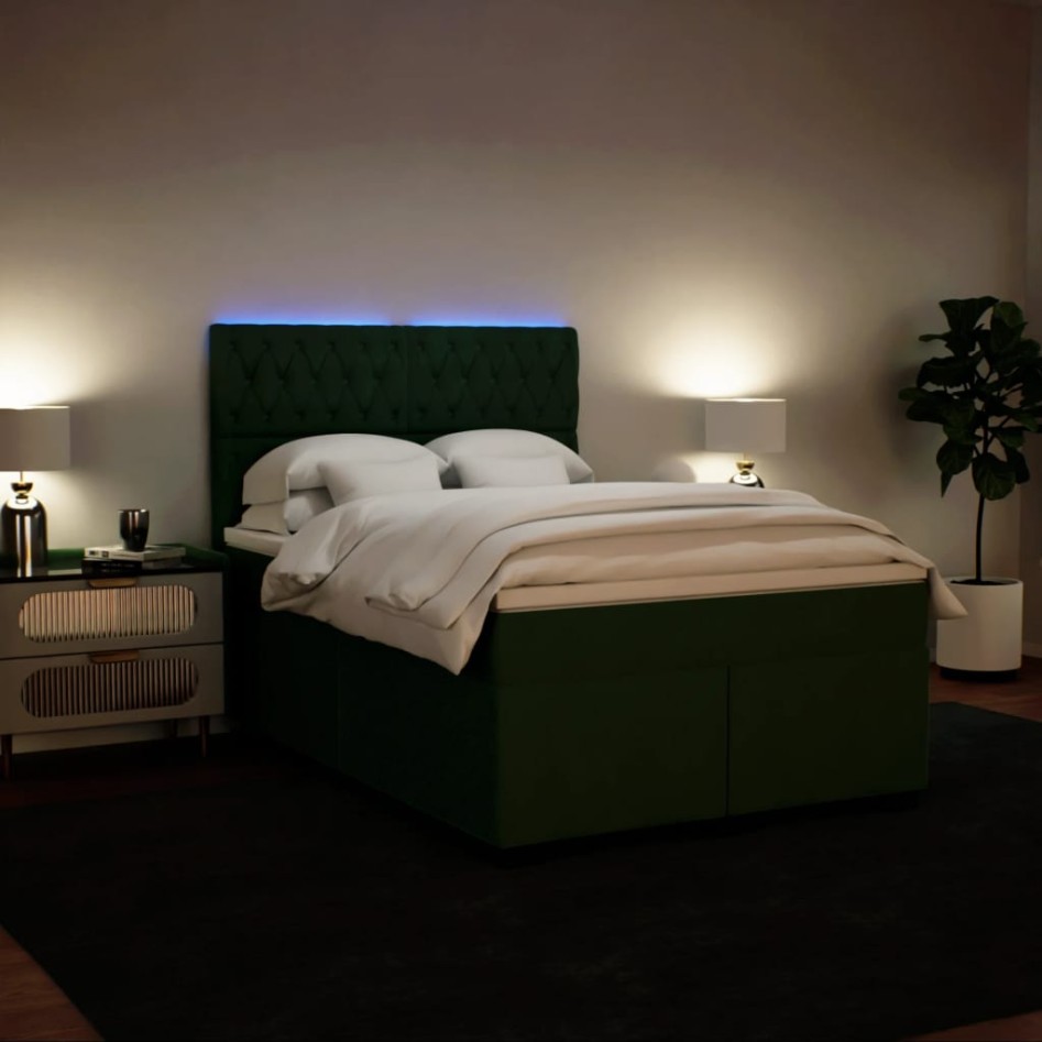 Cama box spring con colchón terciopelo verde oscuro 140x200