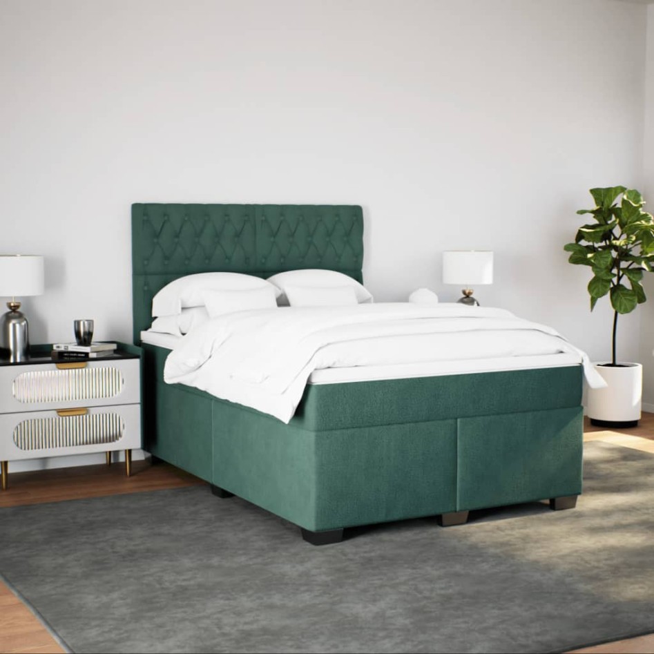 Cama box spring con colchón terciopelo verde oscuro 140x200