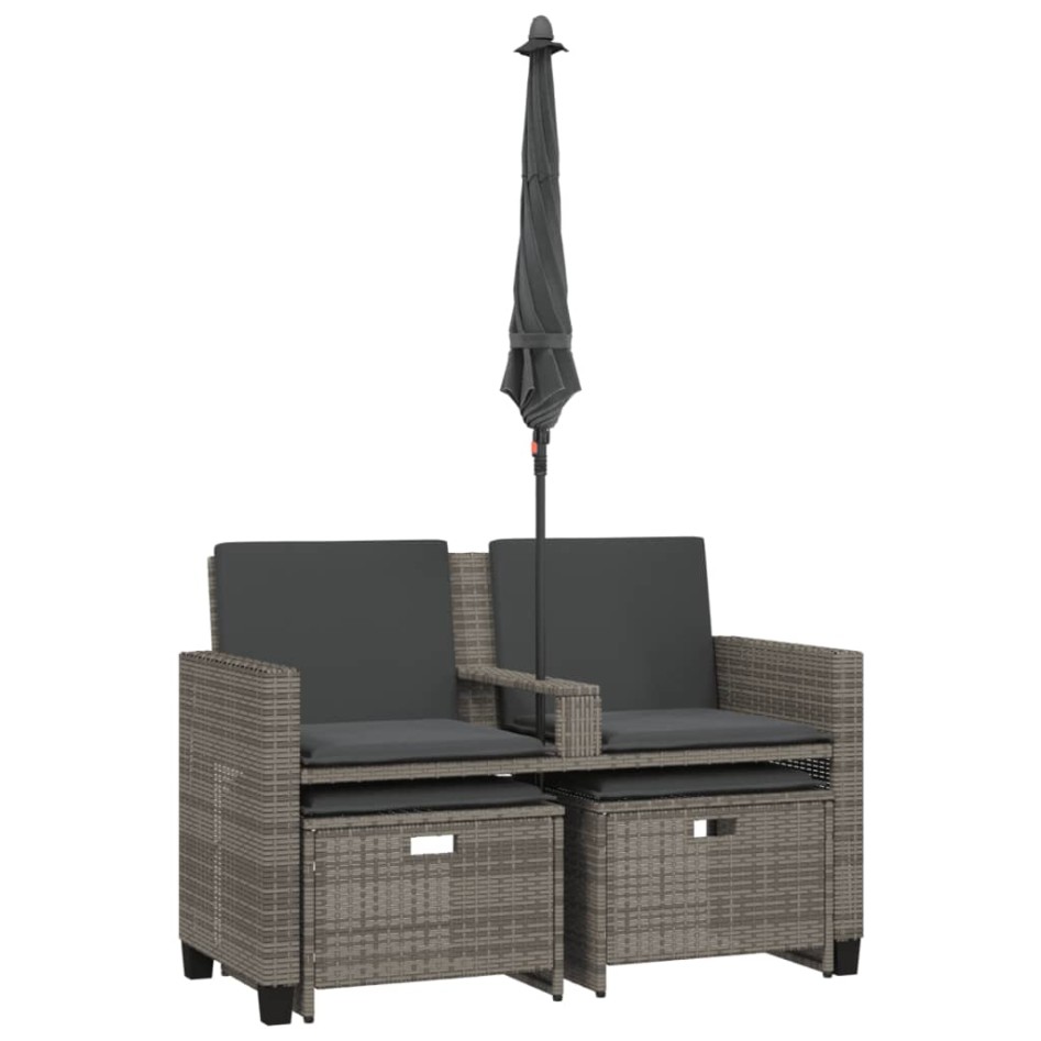 Sofá jardín 2 plazas con sombrilla y taburetes ratán PE