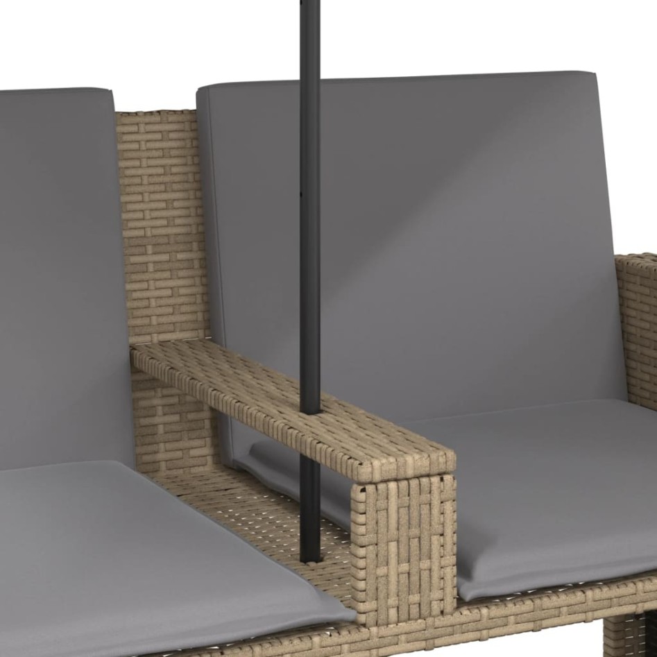 Sofá jardín 2 plazas con sombrilla y taburetes ratán PE