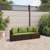 Set sofás de jardín 3 piezas y cojines ratán sintético marrón