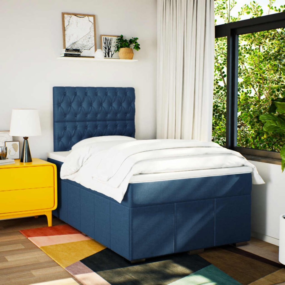 Cama box spring con colchón tela azul 120x200