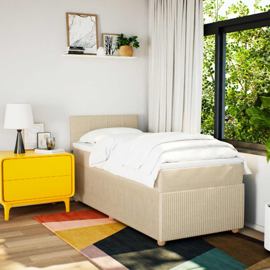 Cama box spring con colchón tela color crema 100x200