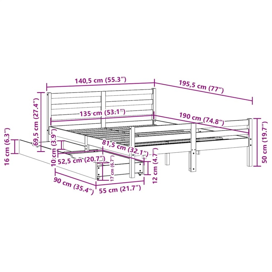 Estructura de cama sin colchón madera maciza de pino 135x190