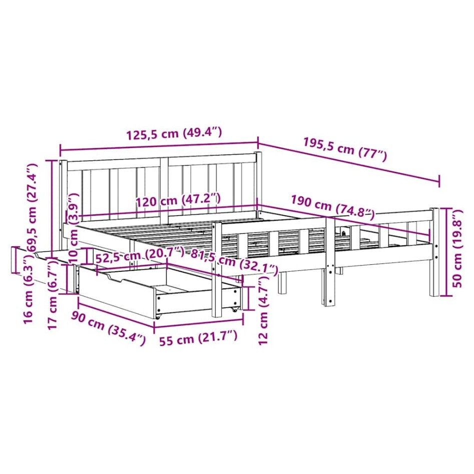 Estructura de cama sin colchón madera maciza de pino 120x190