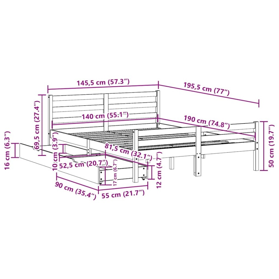 Estructura de cama sin colchón madera maciza de pino 140x190