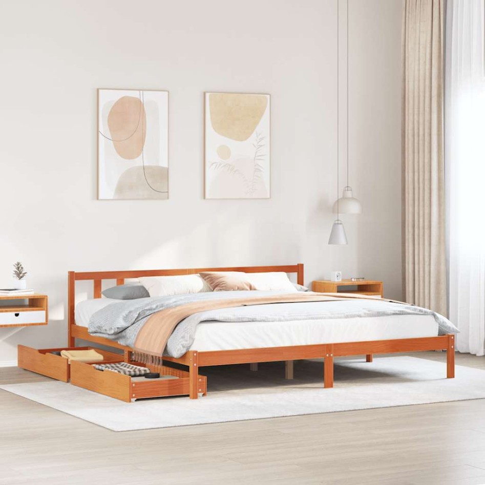 Cama sin colchón madera maciza de pino marrón cera 200x200
