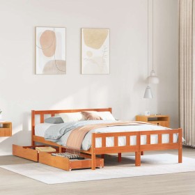 Cama sin colchón madera maciza de pino marrón cera 160x200