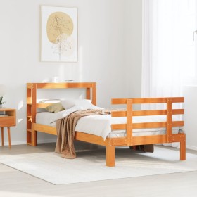 Estructura cama con cabecero madera pino marrón cera 90x190