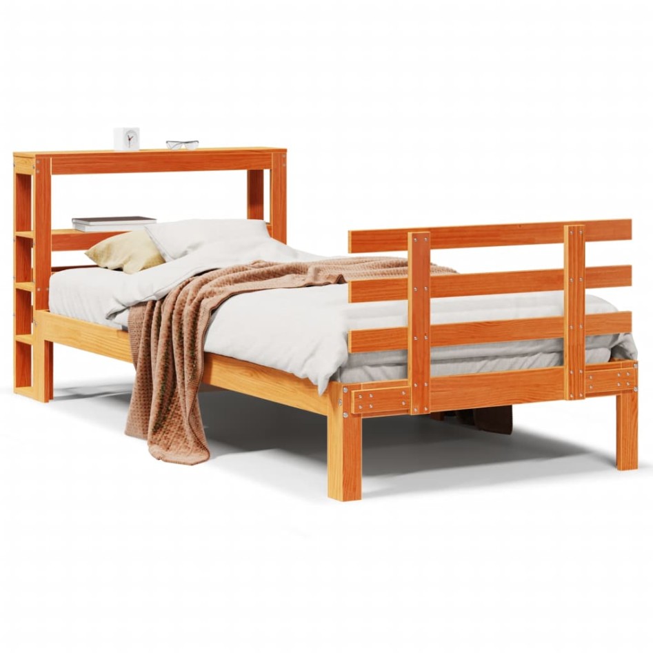 Estructura cama con cabecero madera pino marrón cera 90x190