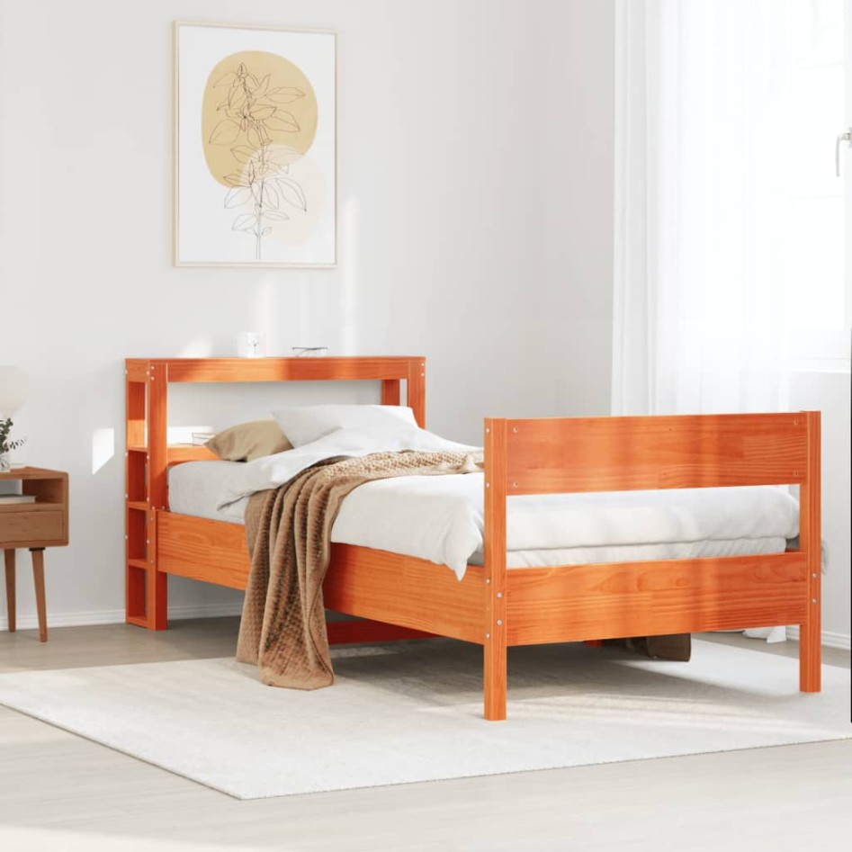 Cama sin colchón madera maciza de pino marrón cera 100x200