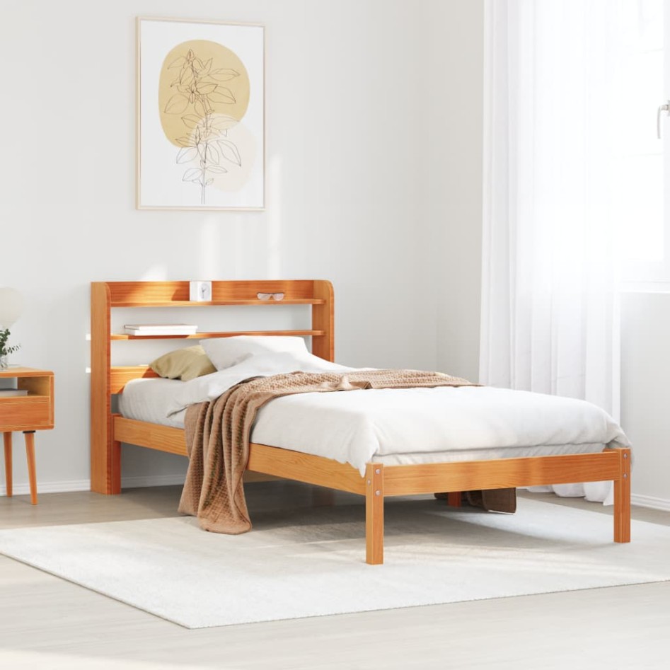 Estructura cama con cabecero madera pino marrón cera 90x200