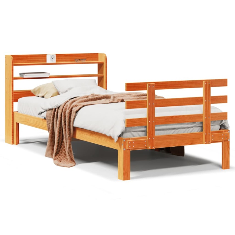 Estructura cama con cabecero madera pino marrón cera 90x190