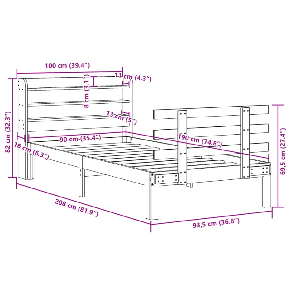 Estructura cama con cabecero madera pino marrón cera 90x190