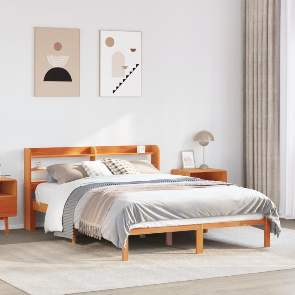 Estructura cama con cabecero madera pino marrón cera 160x200