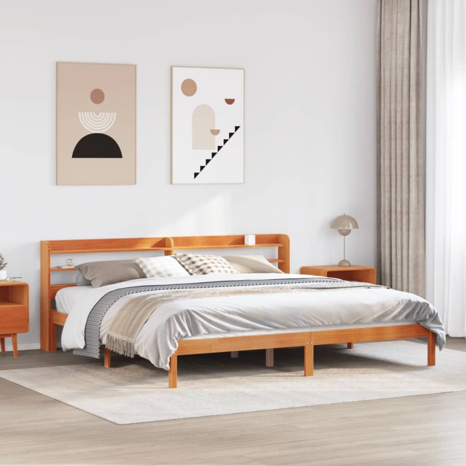 Estructura cama con cabecero madera pino marrón cera 200x200