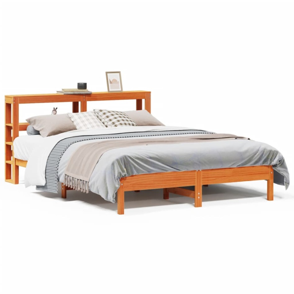 Cama sin colchón madera maciza de pino marrón cera 140x200