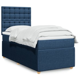 Cama box spring con colchón tela azul 80x200