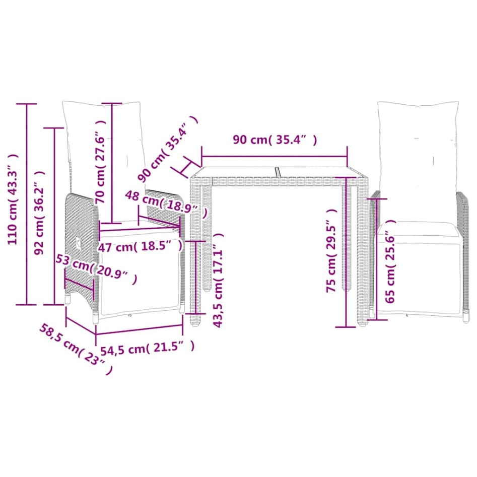 Mesita y sillas jardín 3 pzas y cojines ratán sintético