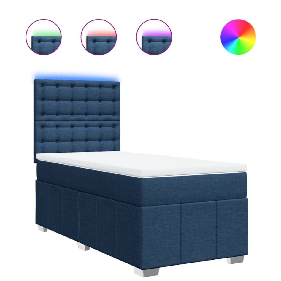 Cama box spring con colchón tela azul 100x200