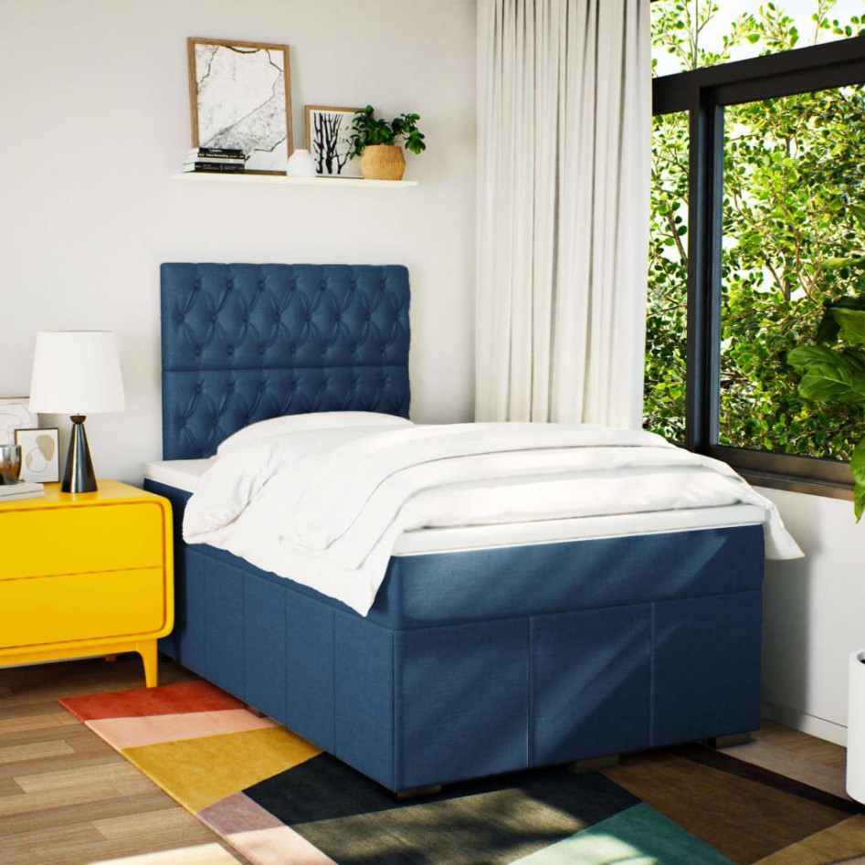 Cama box spring con colchón tela azul 120x190