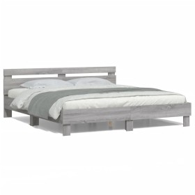 Estructura de cama cabecero y luces LED gris Sonoma 180x200