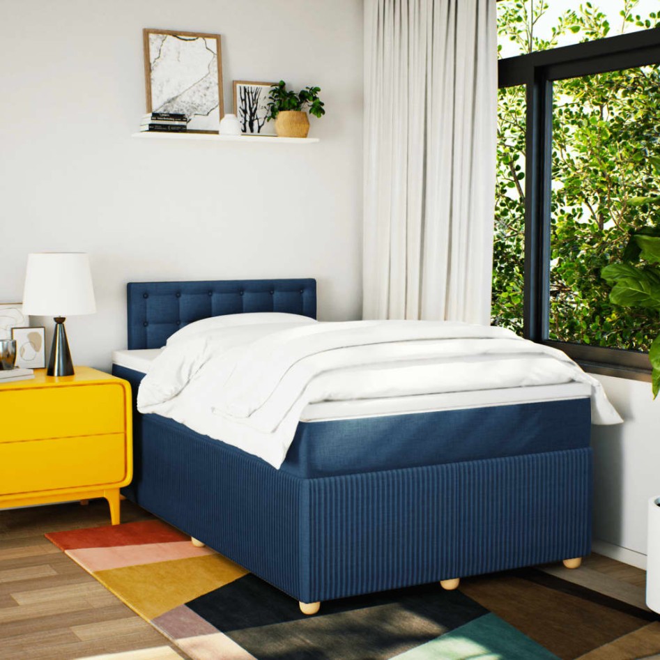 Cama box spring con colchón tela azul 120x190